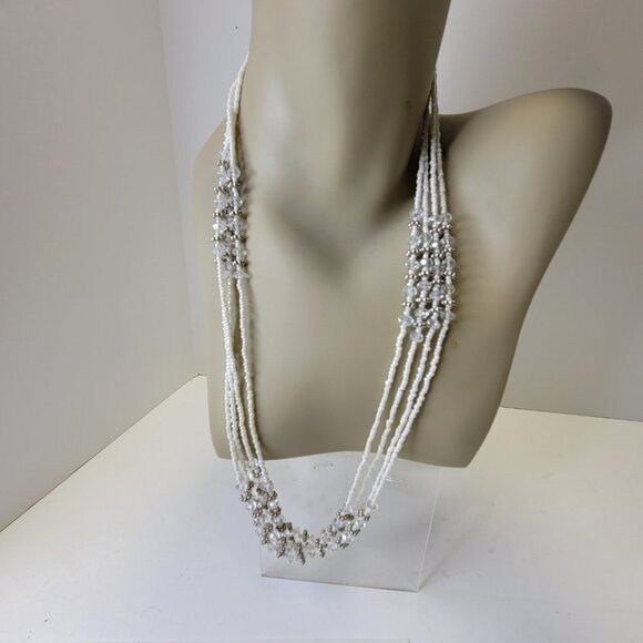 Multistrand Silver Tone and White Beads Long Necklace - Picture 3 of 14